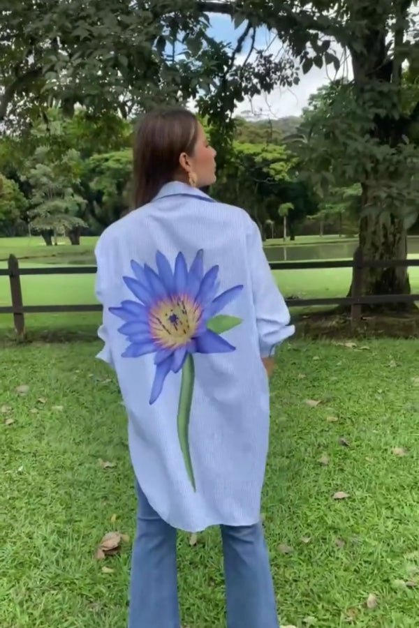 Oversized Striped Shirt with Blue Lotus Print