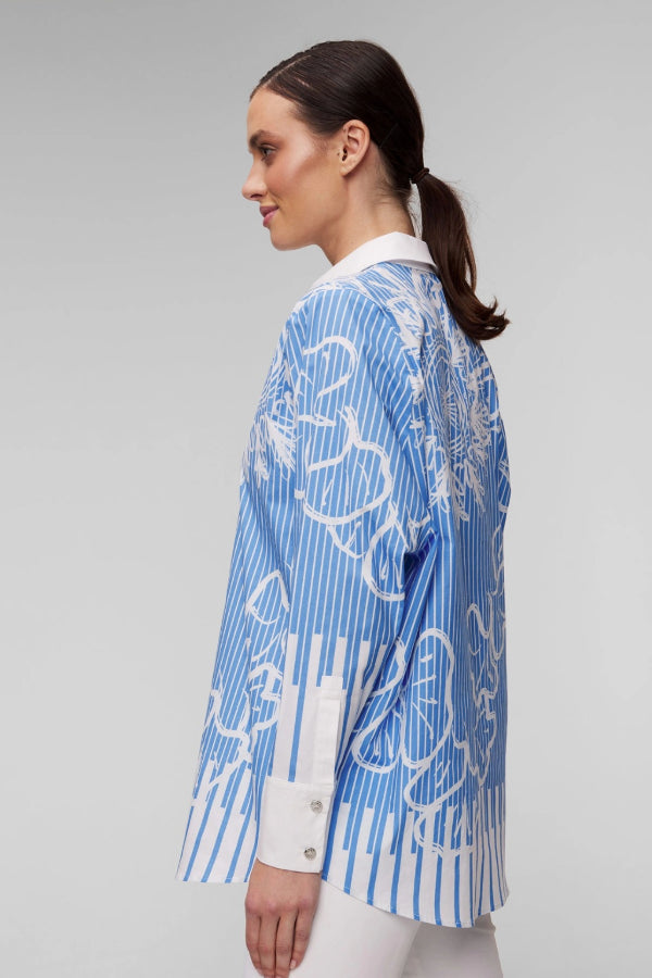 Elegant Blue Pinstripe Floral Printed Shirt Dress