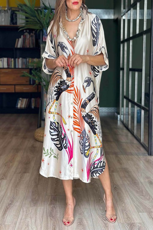 Satin Silk Flamingo Trendy Shirt Dress