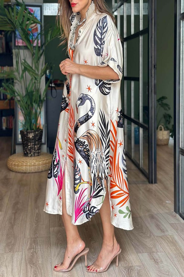 Satin Silk Flamingo Trendy Shirt Dress