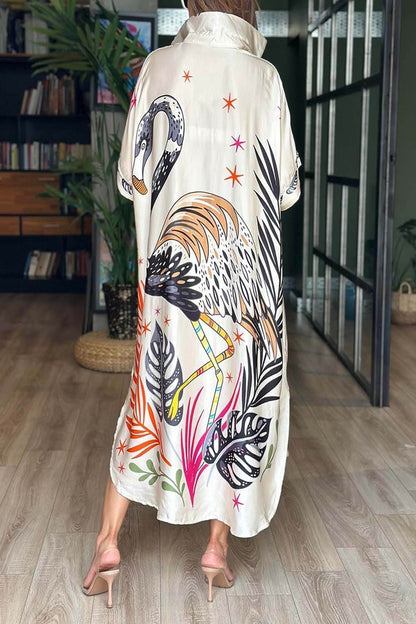 Satin Silk Flamingo Trendy Shirt Dress