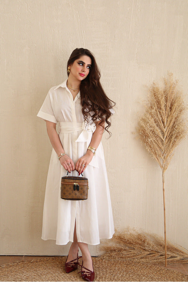 Trendy White Short Sleeve Midi Dress