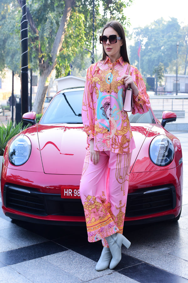 Pink Floral Print Soft Silk Co-Ord Set