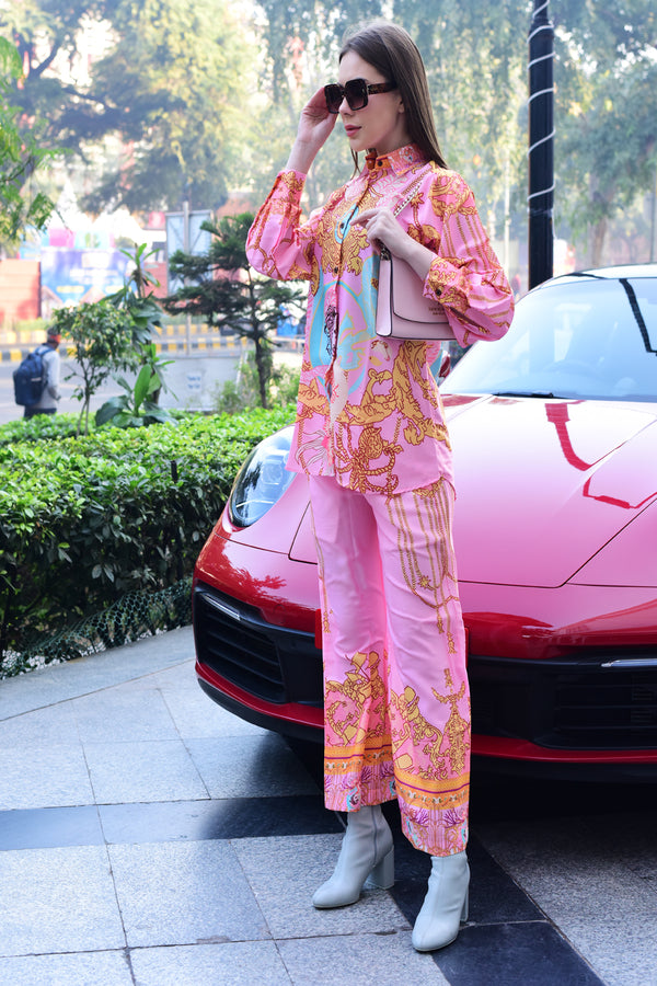 Pink Floral Print Soft Silk Co-Ord Set