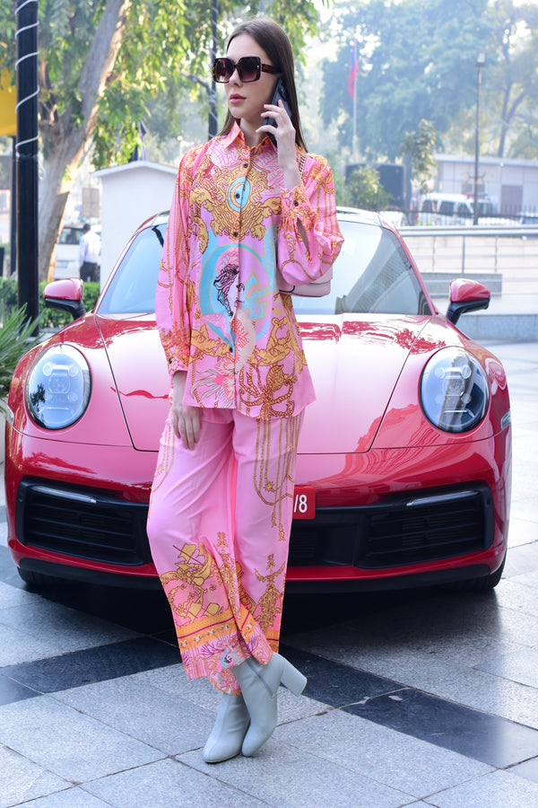 Pink Floral Print Soft Silk Co-Ord Set