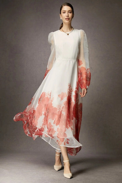 Organza Silk Ombre Printed Dress, Coral Red