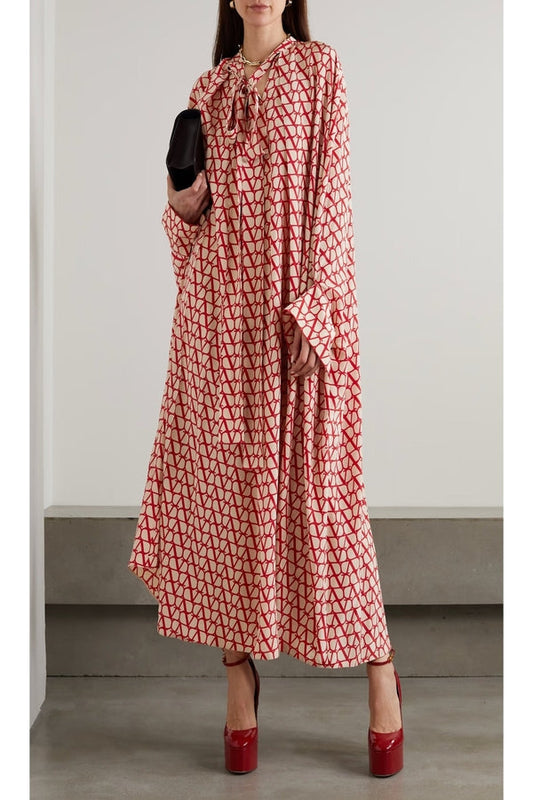 Red Geometric Printed Long Kaftan