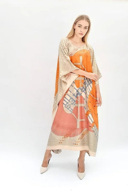 Style Orange Printed Long Kaftan Dress