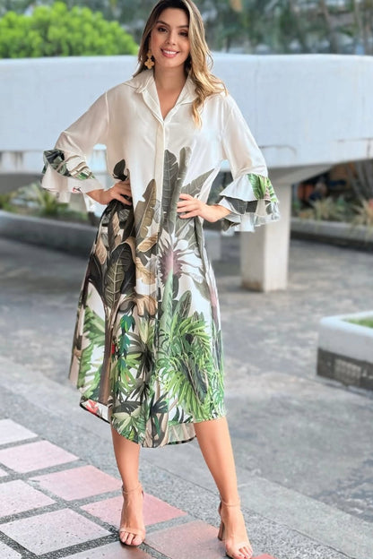 White and Green Tropical Print Shirt Dress