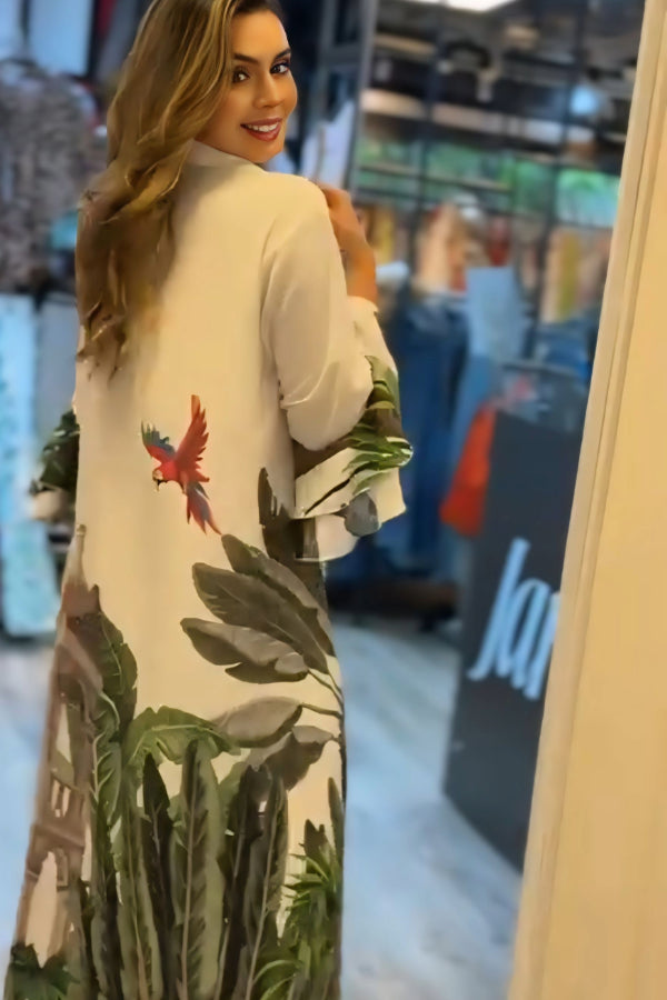 White and Green Tropical Print Shirt Dress