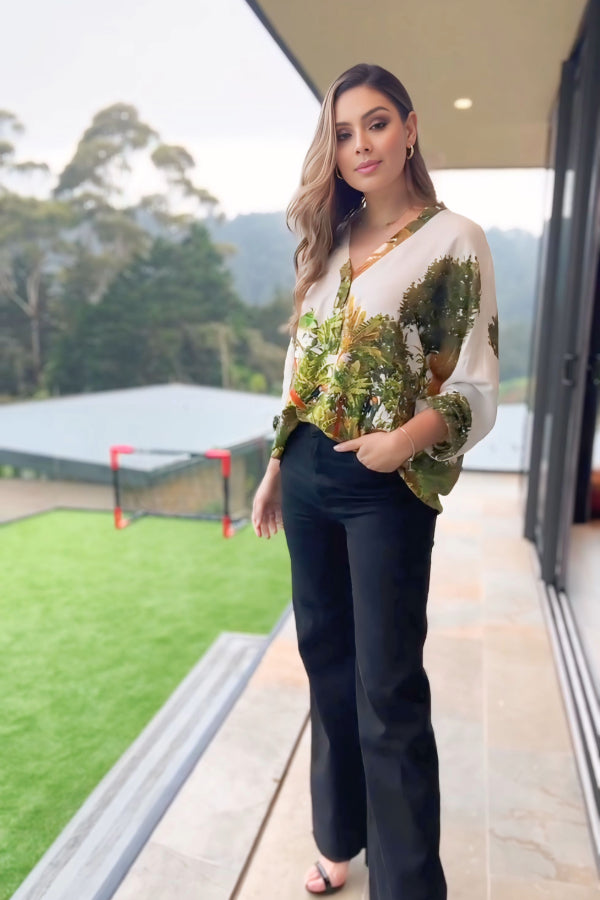 Green Foliage Pattern Print V-Neck Shirt