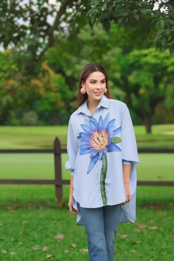 Oversized Striped Shirt with Blue Lotus Print