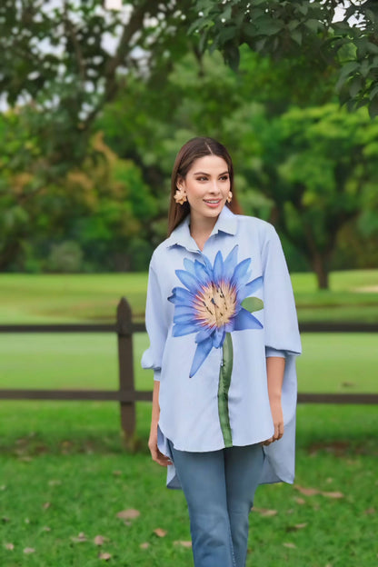 Oversized Striped Shirt with Blue Lotus Print