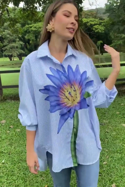 Oversized Striped Shirt with Blue Lotus Print