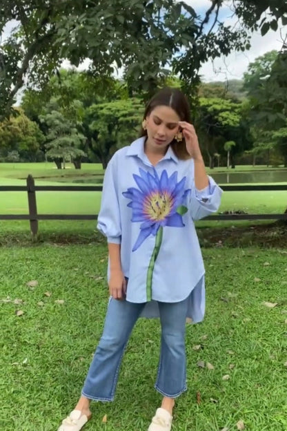 Oversized Striped Shirt with Blue Lotus Print