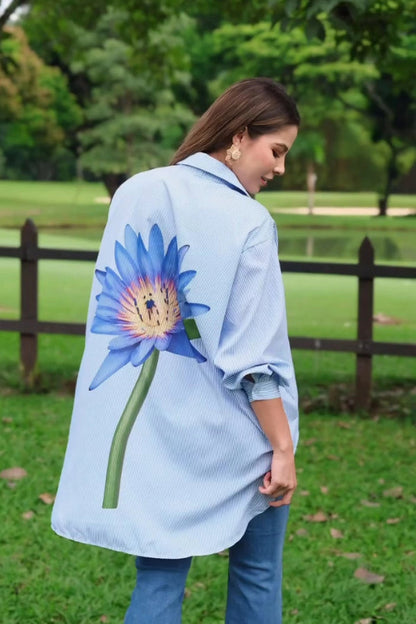 Oversized Striped Shirt with Blue Lotus Print