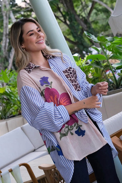 Peacock and Floral Printed Oversized Shirt Dress