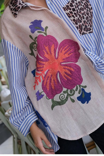 Peacock and Floral Printed Oversized Shirt Dress