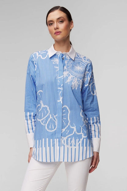 Elegant Blue Pinstripe Floral Printed Shirt Dress