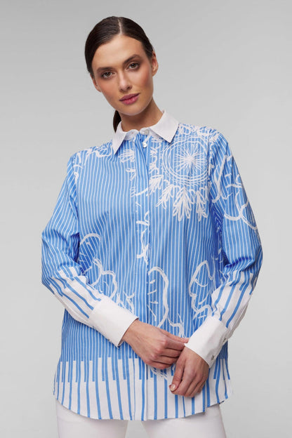 Elegant Blue Pinstripe Floral Printed Shirt Dress