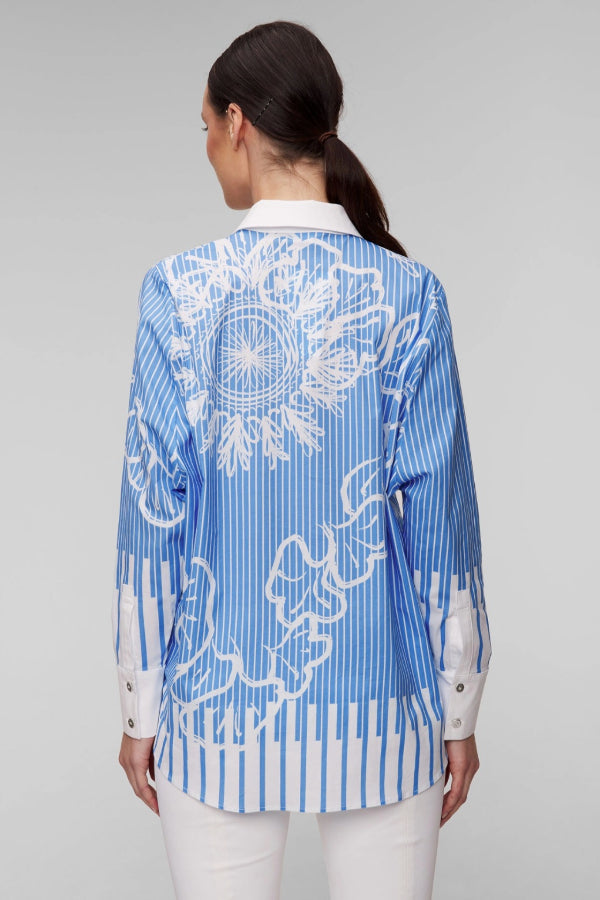 Elegant Blue Pinstripe Floral Printed Shirt Dress