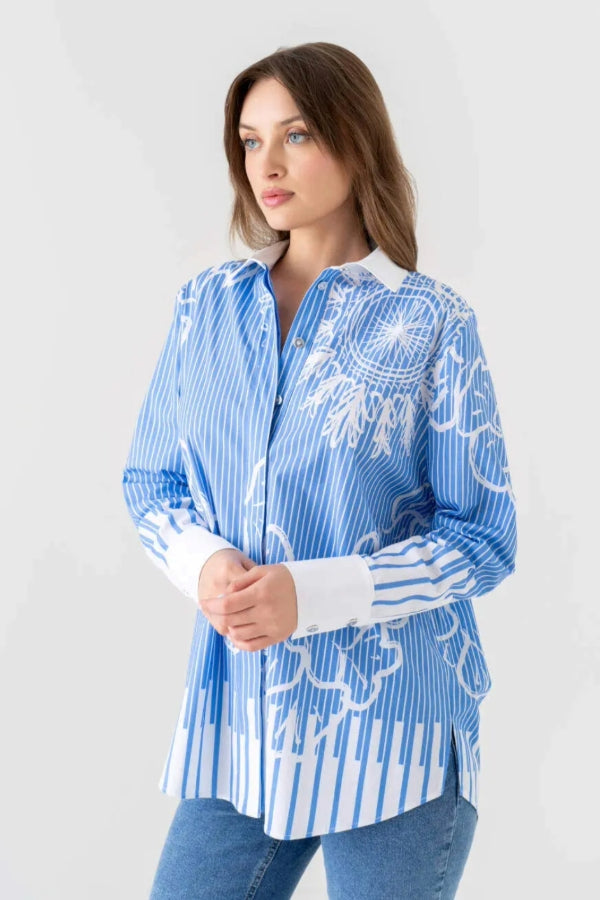 Elegant Blue Pinstripe Floral Printed Shirt Dress