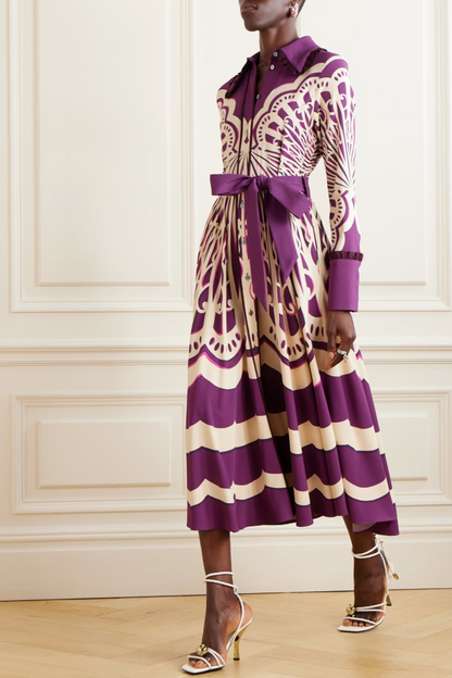 Purple Printed Dress With Belt