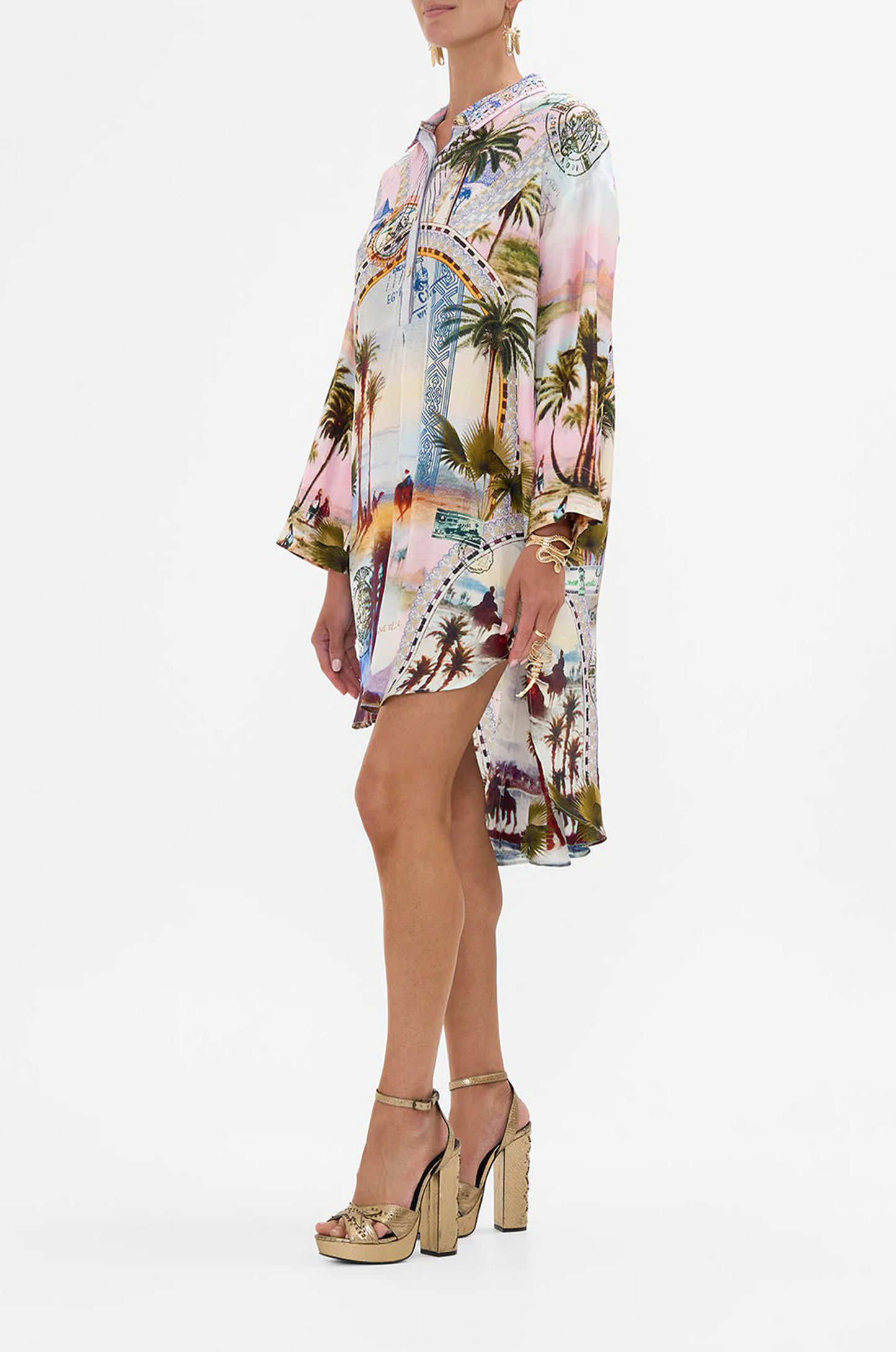 Resort Wear Palm Print Shirt Dress