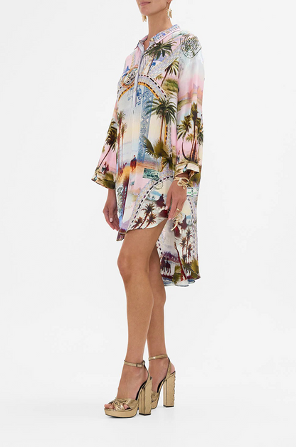 Resort Wear Palm Print Shirt Dress