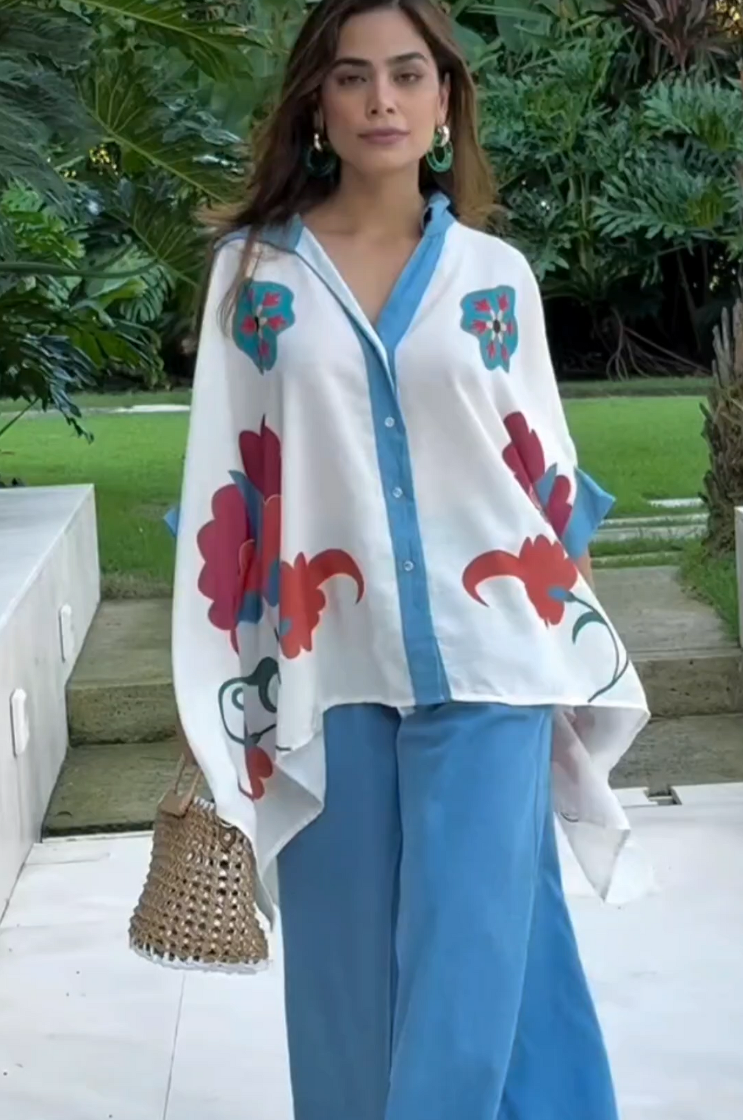 Blue Aura Artistic Flower Printed Loose Shirt