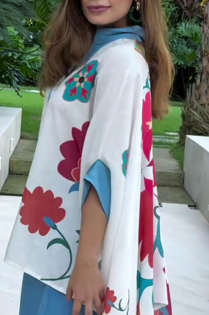 Blue Aura Artistic Flower Printed Loose Shirt