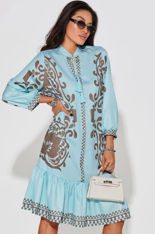 Azure Blue Boho Ruffle Dress
