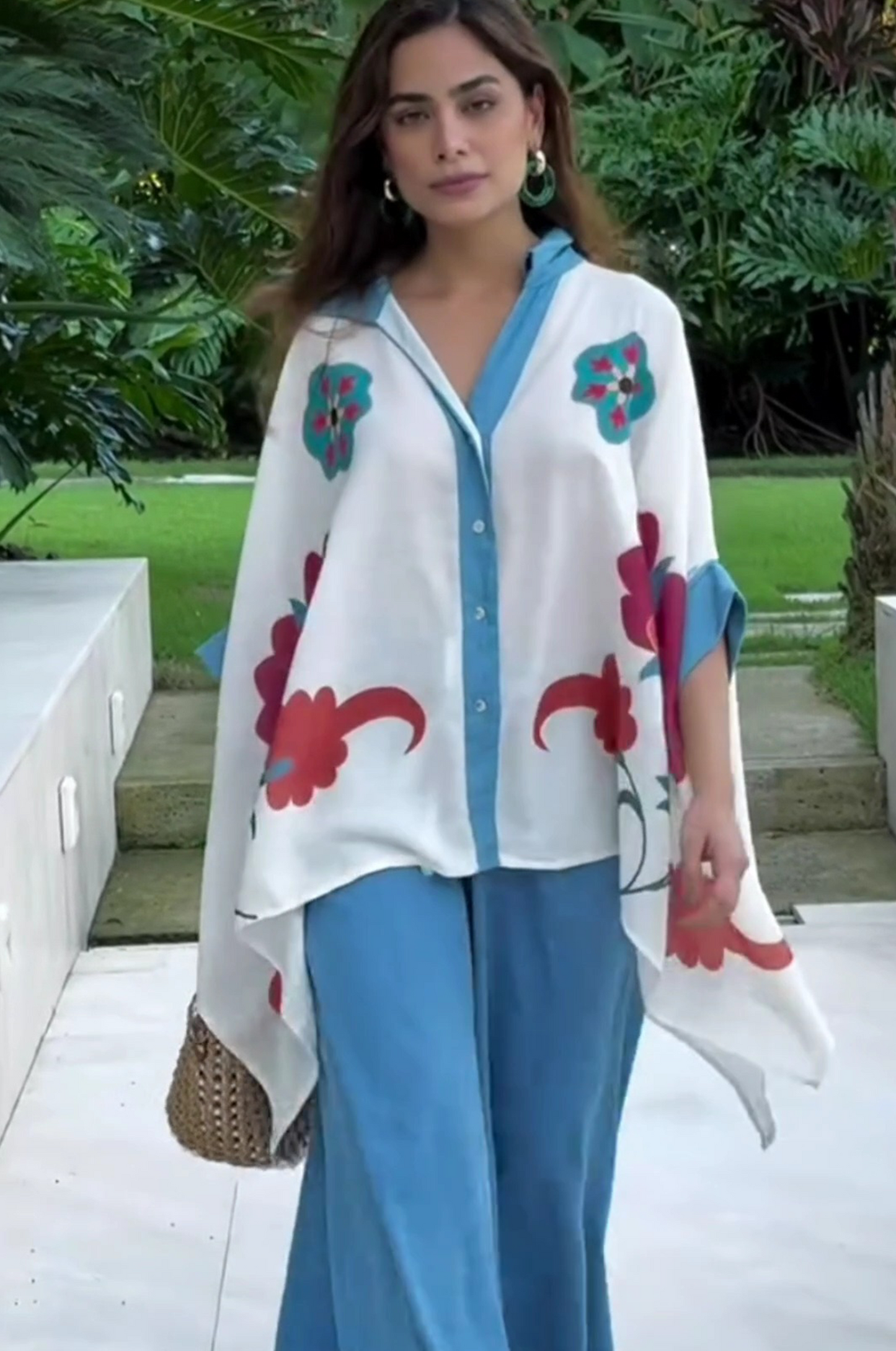 Blue Aura Artistic Flower Printed Loose Shirt