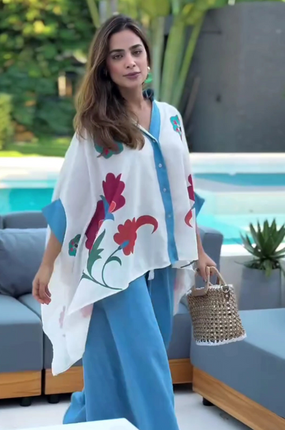 Blue Aura Artistic Flower Printed Loose Shirt