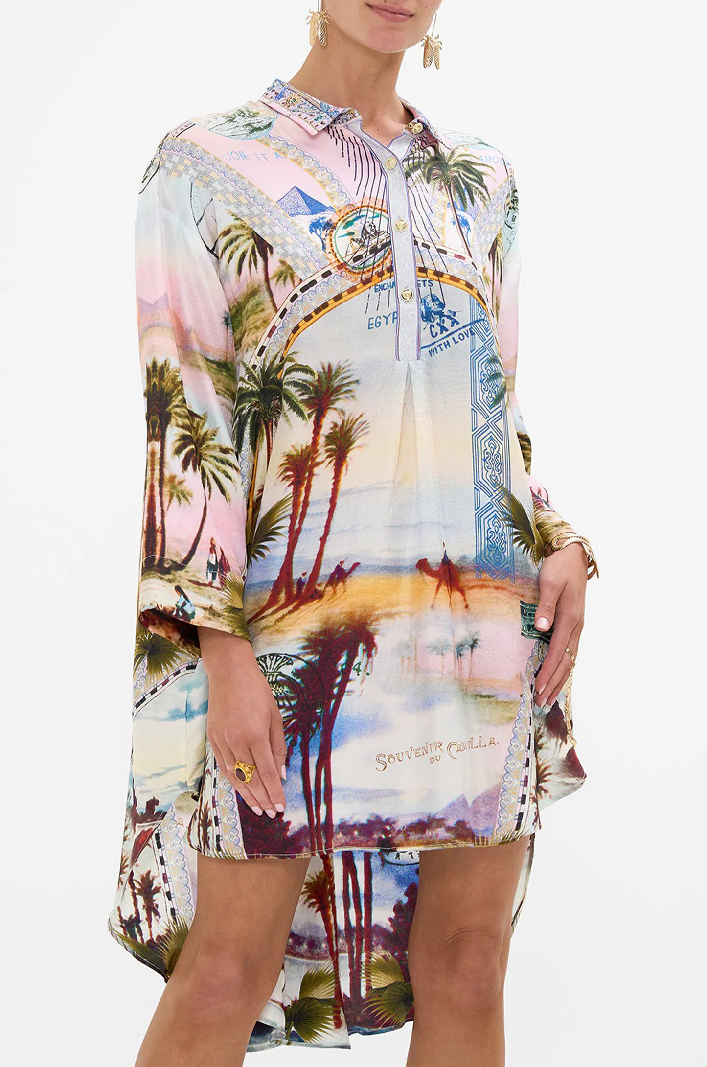 Resort Wear Palm Print Shirt Dress