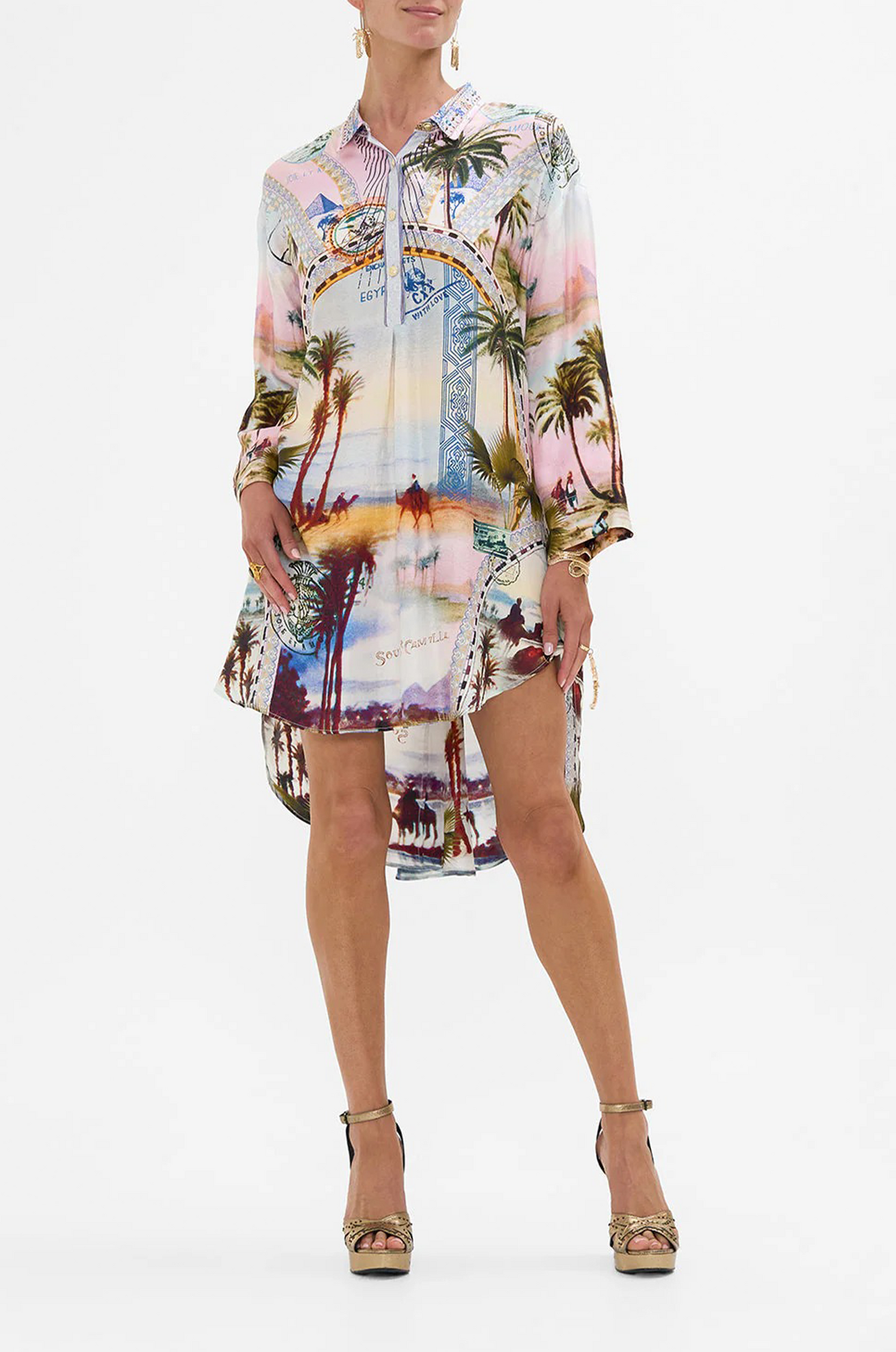 Resort Wear Palm Print Shirt Dress