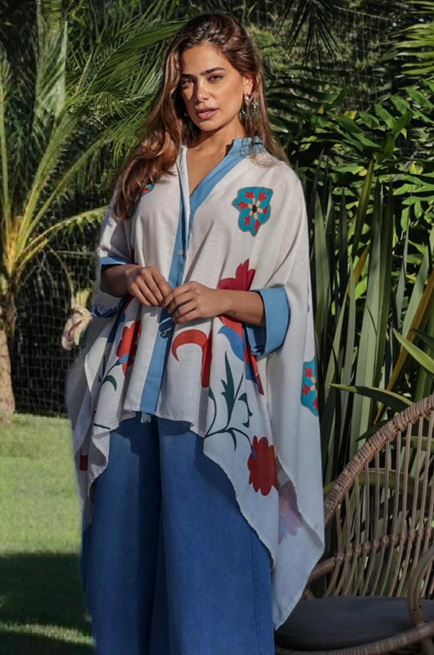 Blue Aura Artistic Flower Printed Loose Shirt