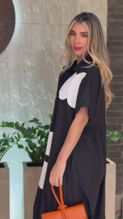 Modern Black A-line Shirt Dress with Flower Design