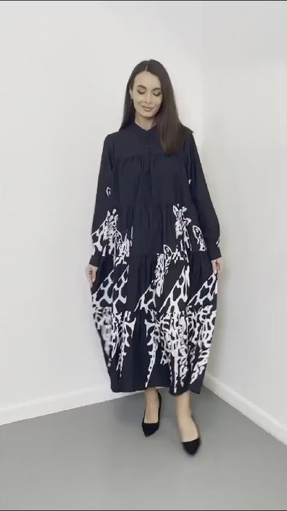 Flowy Monochrome Tiered Long Shirt Dress