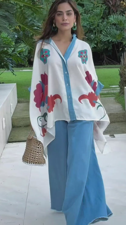 Blue Aura Artistic Flower Printed Loose Shirt