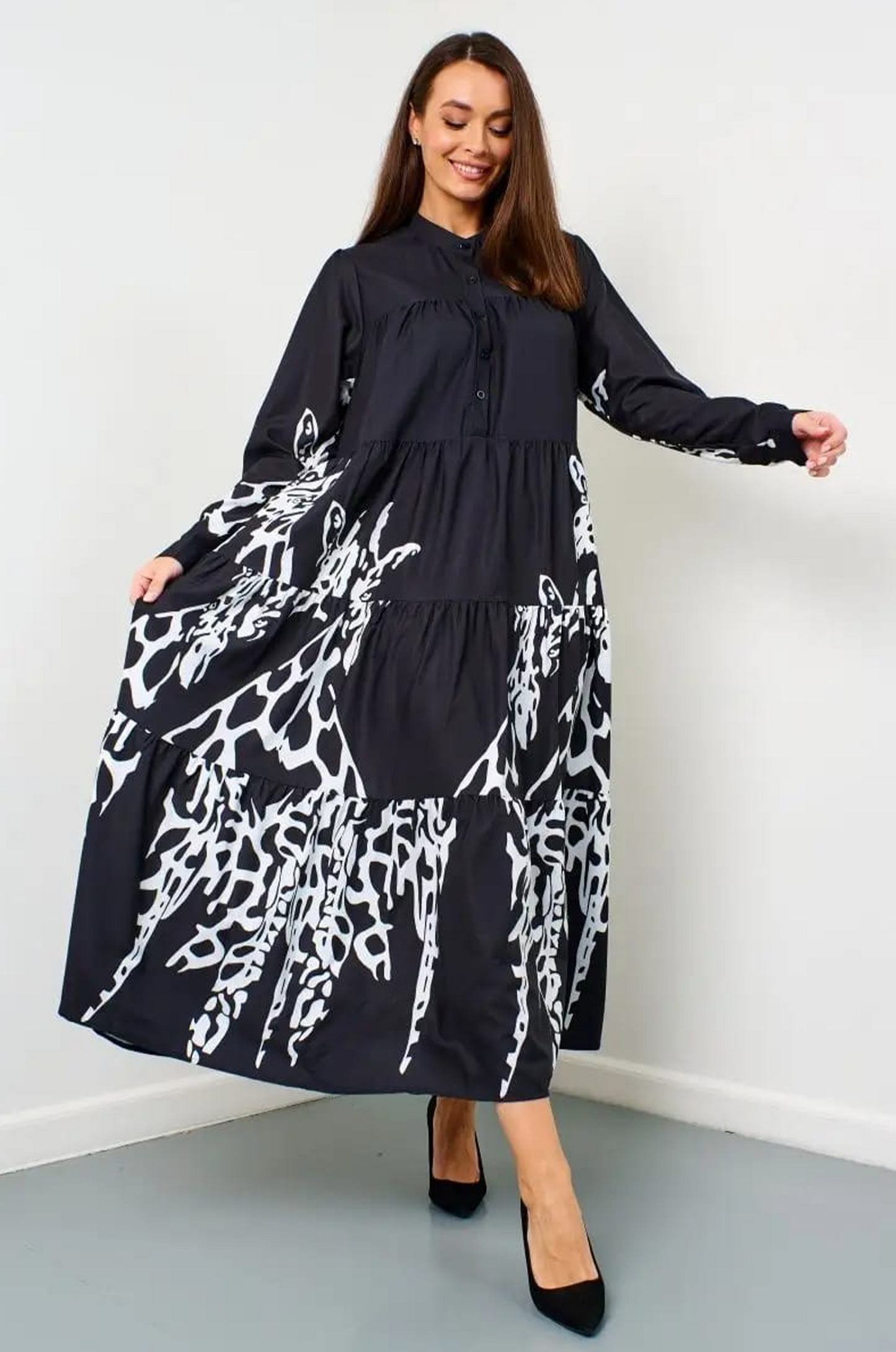 Flowy Monochrome Tiered Long Shirt Dress