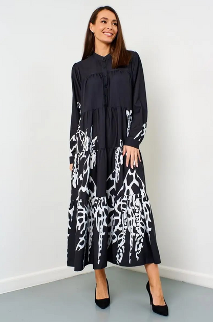 Flowy Monochrome Tiered Long Shirt Dress