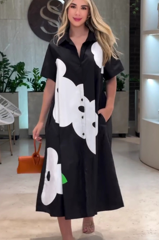 Modern Black A-line Shirt Dress with Flower Design