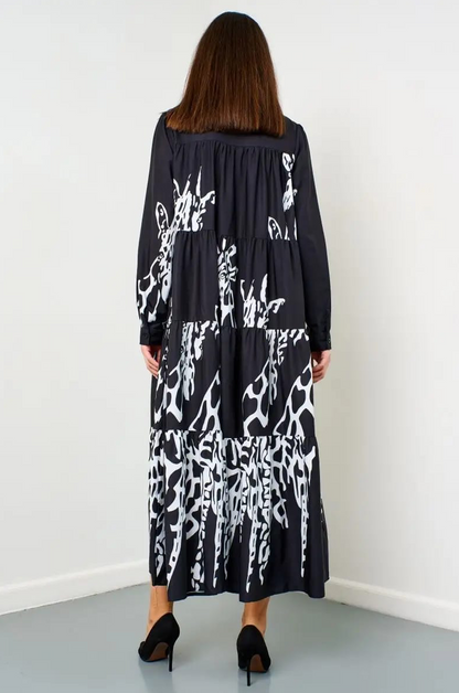 Flowy Monochrome Tiered Long Shirt Dress