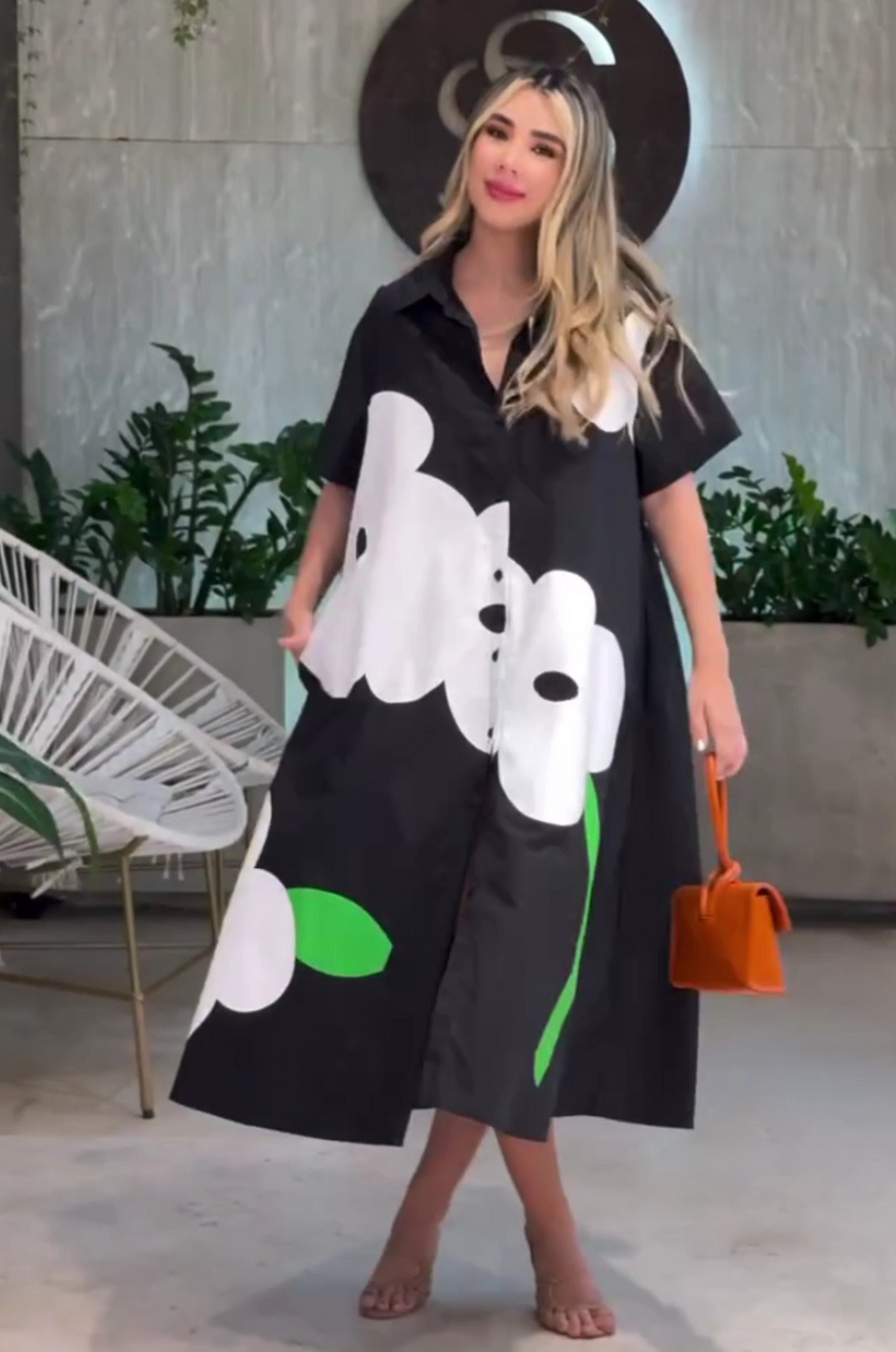 Modern Black A-line Shirt Dress with Flower Design