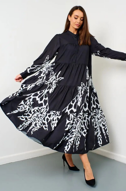 Flowy Monochrome Tiered Long Shirt Dress