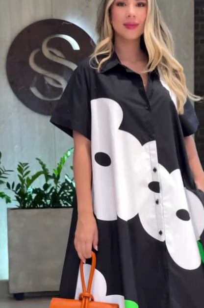 Modern Black A-line Shirt Dress with Flower Design