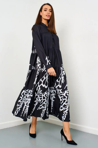 Flowy Monochrome Tiered Long Shirt Dress