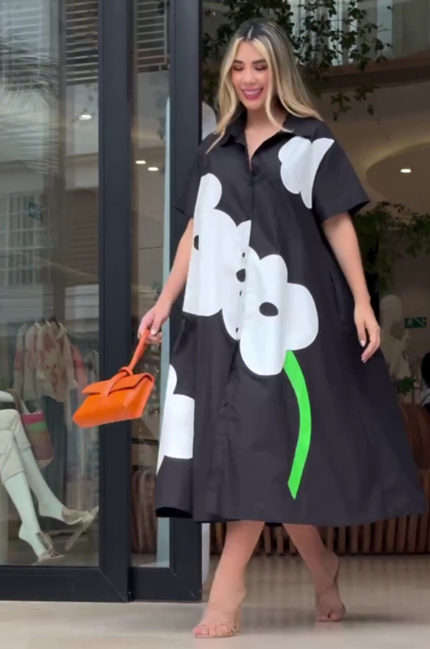 Modern Black A-line Shirt Dress with Flower Design