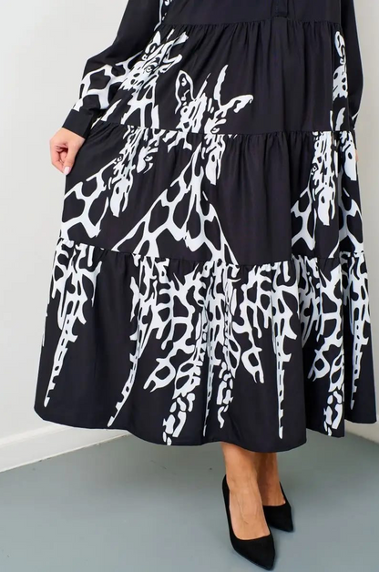 Flowy Monochrome Tiered Long Shirt Dress